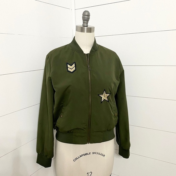 Hippie Rose Army Green Aviator Sequin Bomber Jacker, Size Large - Picture 1 of 7